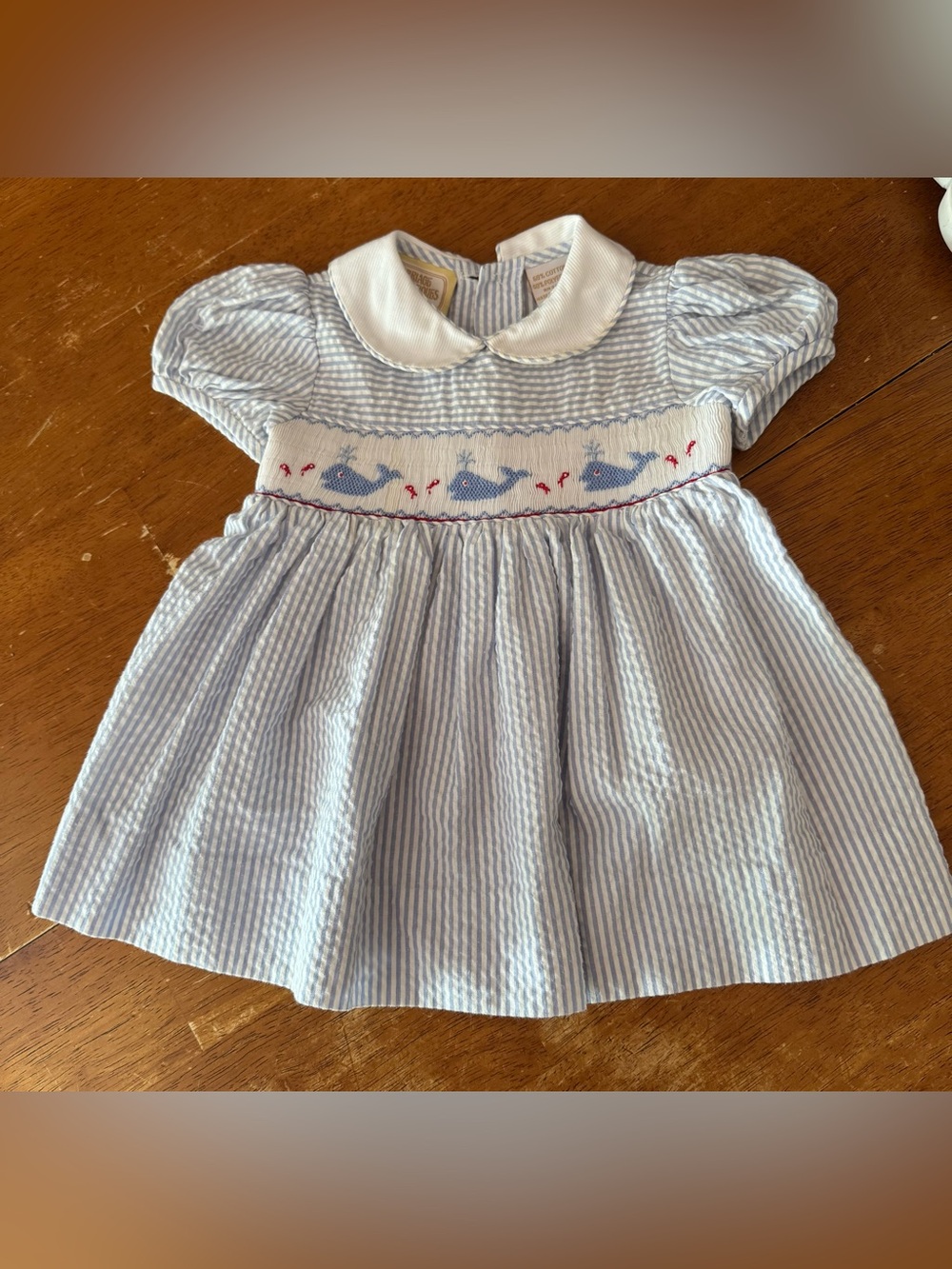 Carriage Boutique Blue and White Smocked Seersucker Dress Size 6M